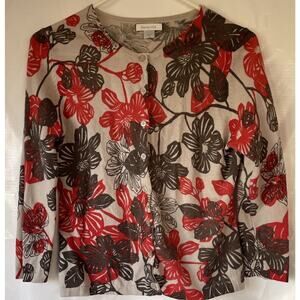 Garnet Hill 3/4 Sleeve 100% Wool Button Up Cardigan Sweater Floral Print Size S